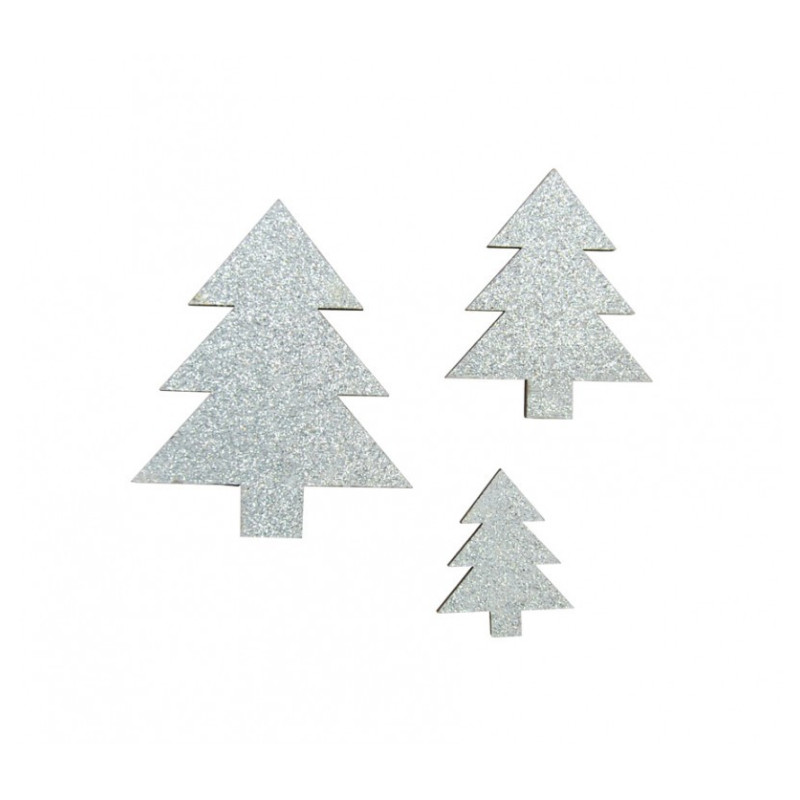 Lot de 12 Sapins de Noël bois Pailleté argent 3 5 cm