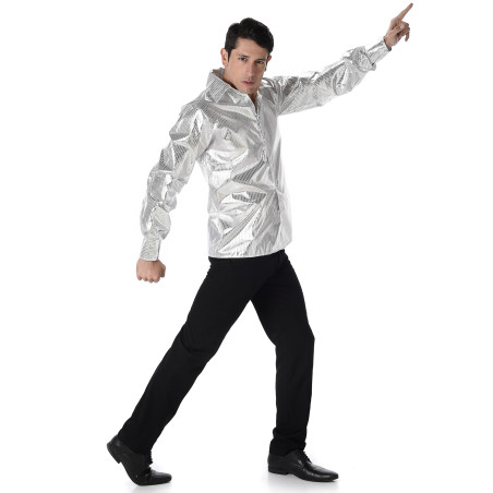 Chemise disco brillante argent homme