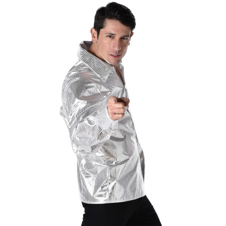 Chemise disco brillante argent homme