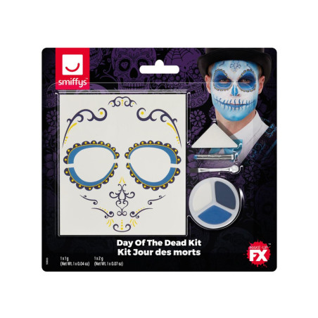 Kit maquillage et tatoo Dia de los Muertos bleu adulte